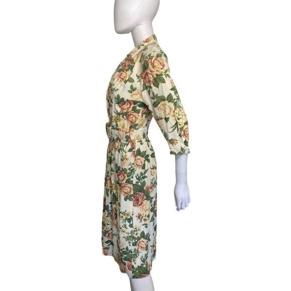 Vintage 1980s RJ Stevens belted floral midi dress size medium cream pink - Picture 2 of 4